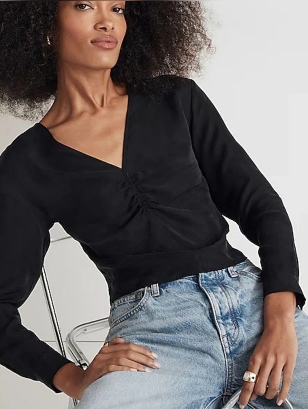 Madewell Brushed Ruched-Front Black Retro Cropped Long Sleeve V Neck New